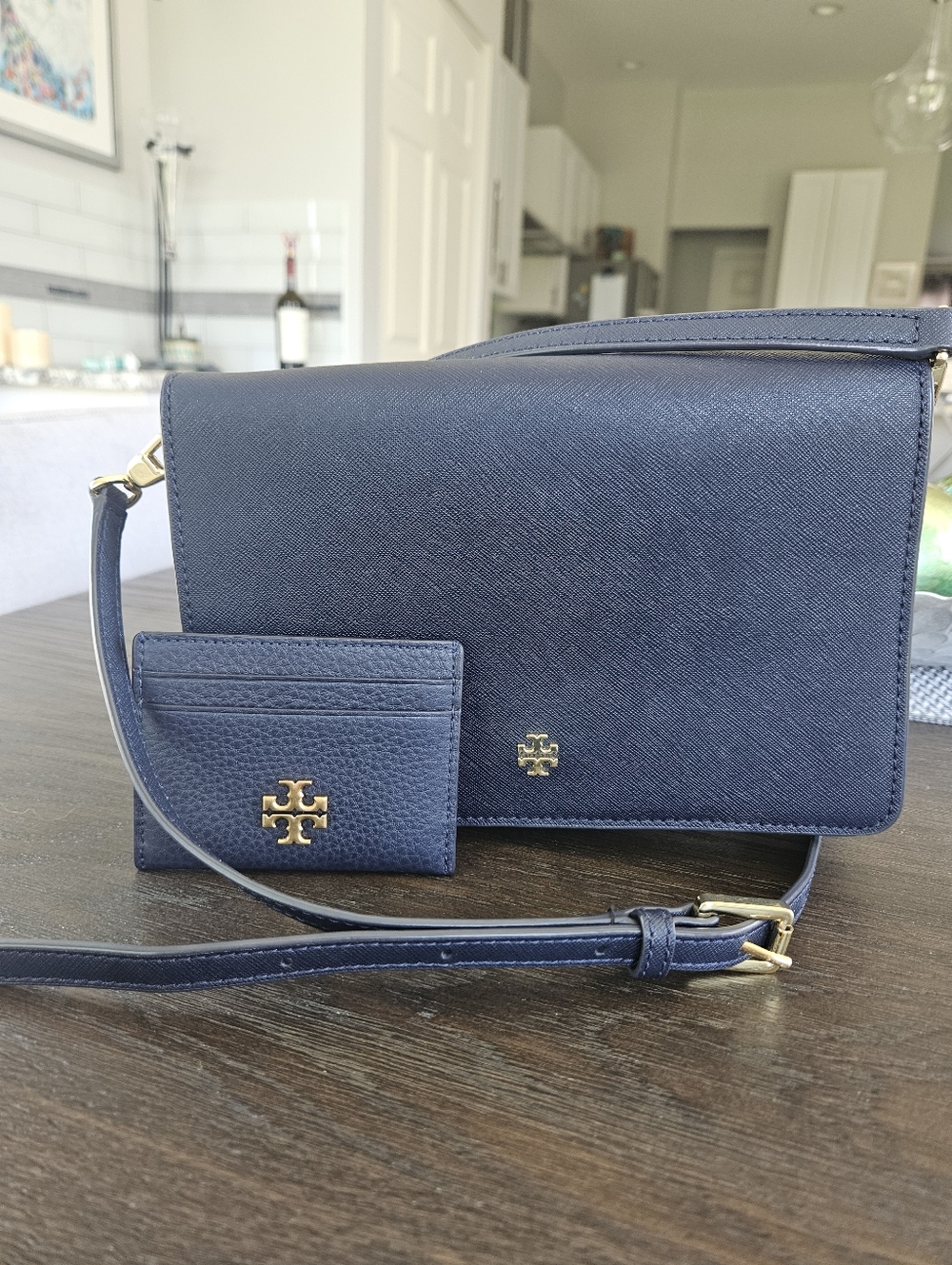 Tory Burch Emerson Navy Saffiano Leather Crossbody Bag with Matching Card Holder
